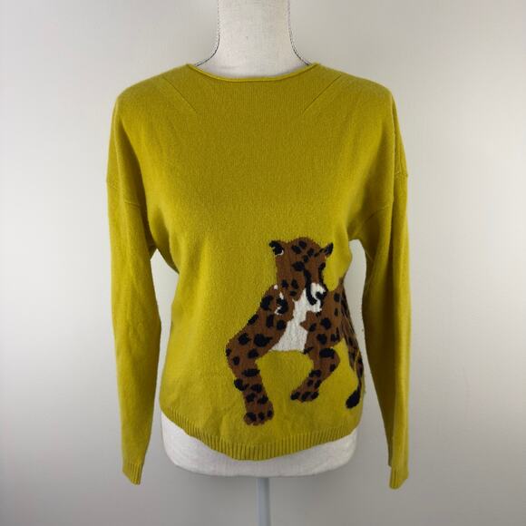Maeve‎ by Anthropology 100% Cashmere green-yellow leopard print sweater W-XS - Picture 1 of 11